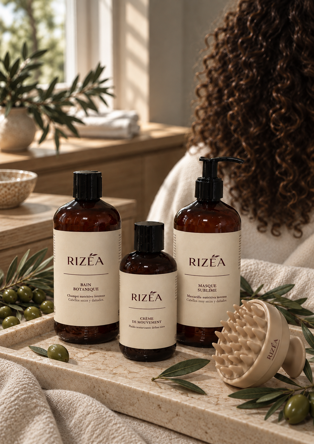 Los tres productos del ritual RIZÉA sobre una bandeja
